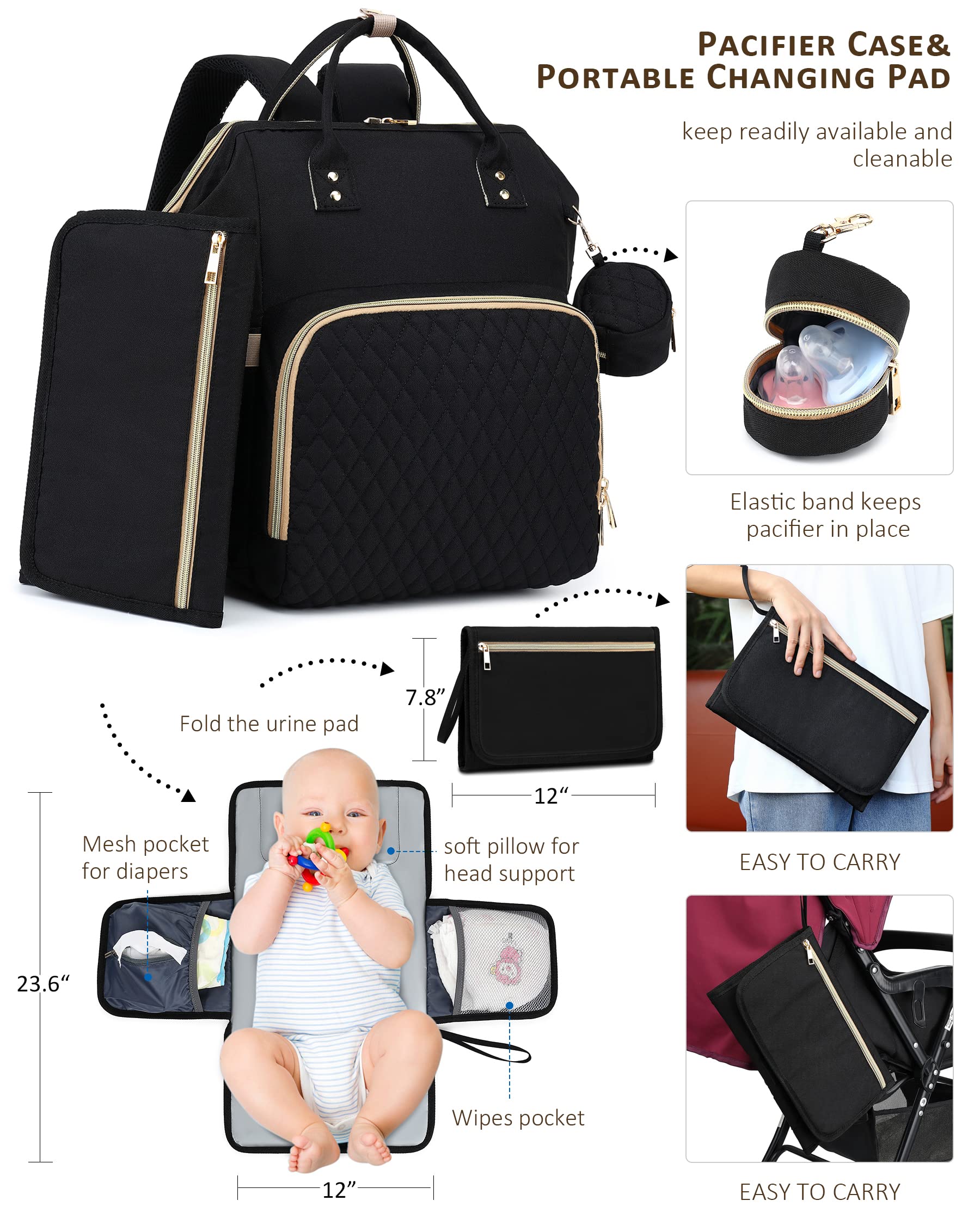 Diaper Backpack with Changing Pad, Pacifier Case - Black Diaper Bags for Girl Boy Newborn Unisex Infant Toddler - Travel Bag for Mom Dad - Registry Baby Shower Gifts, 30L Large Capacity