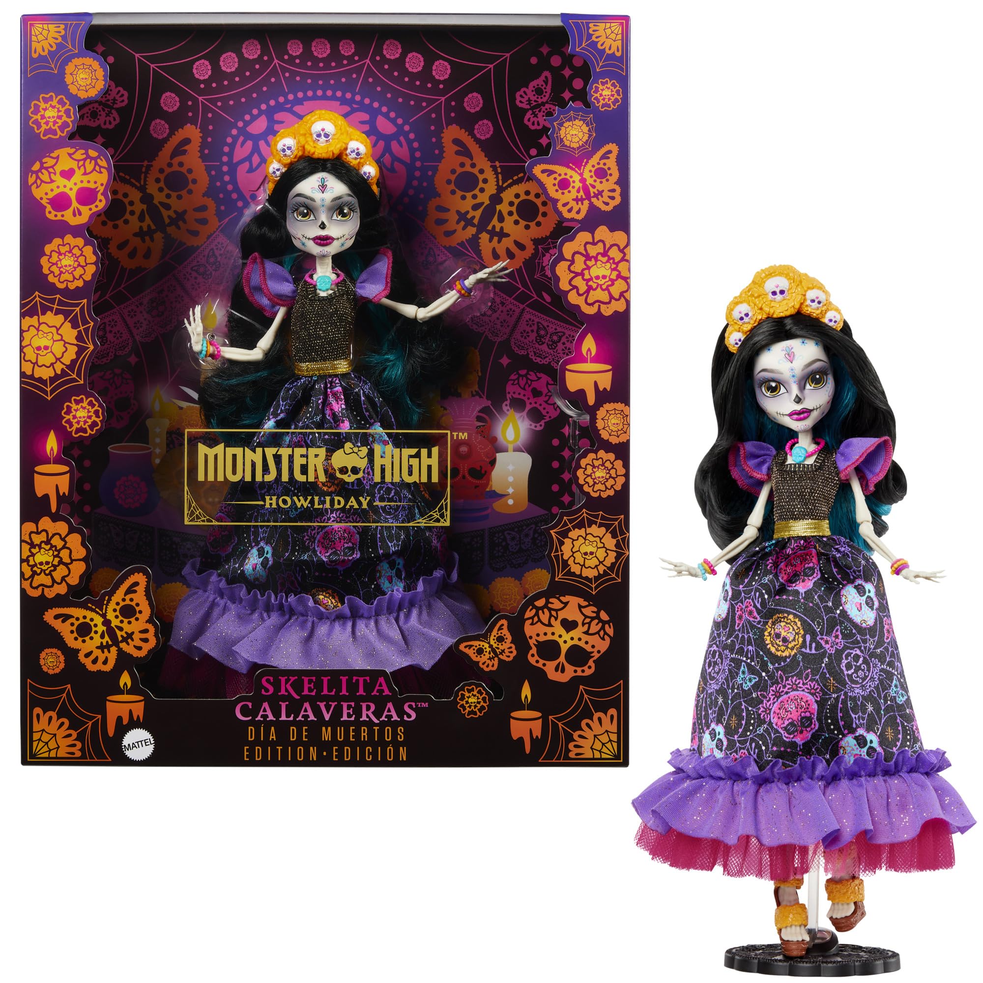 Monster High Doll, Skelita Calaveras Día De Muertos Collectible with Displayable Packaging, Colorful Fashion with Traditional Details