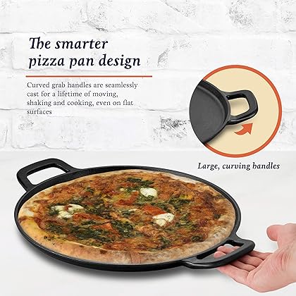 Legend Cast iron Pizza Pan | 14” Steel Pizza Cooker with Easy Grip Handles | Deep Stone for Oven or Griddle for Gas, Induction, Grilling | Lightly Pre-Seasoned Cookware Gets Better with Use