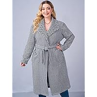 OVEXA Women's Large Size Fashion Casual Winte Plus Houndstooth Print Pocket Patched Belted Overcoat Leisure Comfortable Fashion Special Novelty (Color : Gray, Size : X-Large)