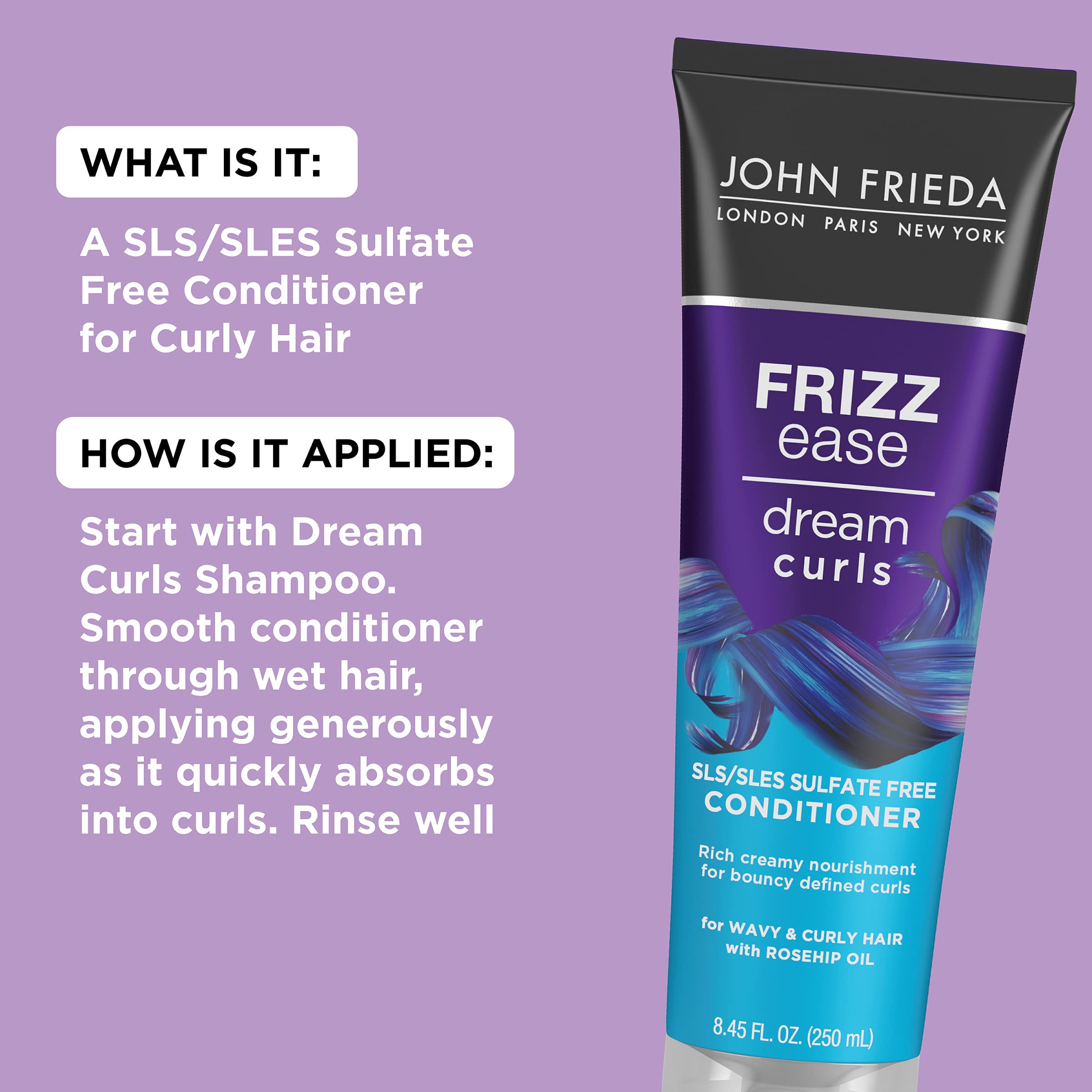 John Frieda Frizz Ease Dream Curls Conditioner, Hydrates and Defines Curly, Wavy Hair, Helps Control Frizz, SLS/SLES Sulfate Free, Enhances Natural Curls, 8.45 Fluid Ounces