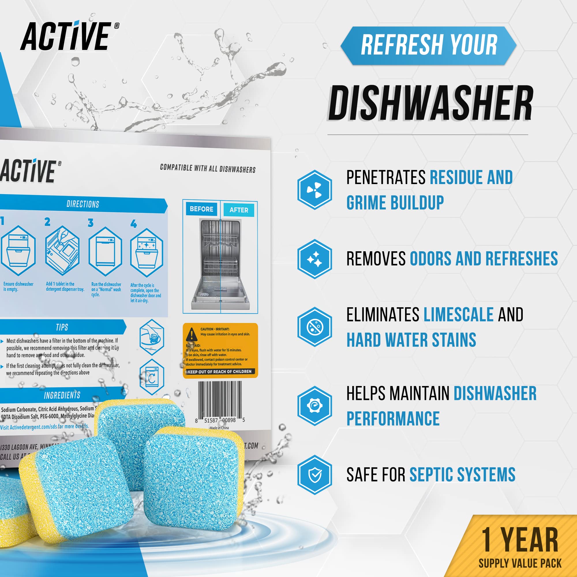 ACTIVE Dishwasher Cleaner and Coffee Machine Descaler - Includes 24ct Dishwasher Cleaning Tablets and 32oz Coffee Machine Cleaner