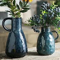 Ceramic Vase Set of 2, Blue Glazed Small Pottery Vases with Handles, Decorative Clay Vase Modern Farmhouse Decor, Centerpiece Dining Table Decorations Porcelain