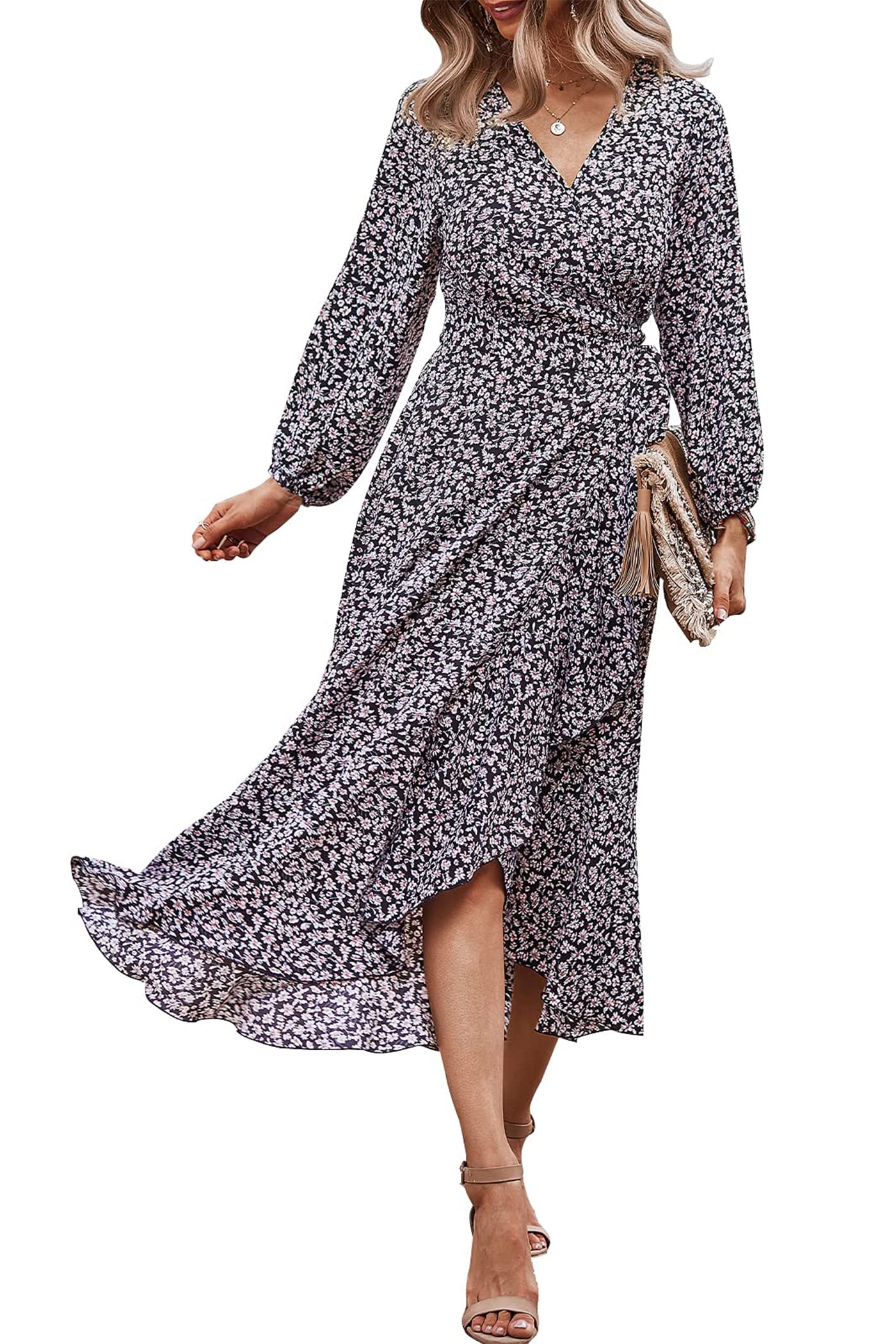 PRETTYGARDEN Women's Long Sleeve Vintage Wrap Dress Floral Print V-Neck Maxi Dresses with Belt