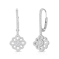 Natalia Drake Floral Medallion Drop Leverback 1/2 Cttw Diamond Earrings for Women in Rhodium Plated 925 Sterling Silver