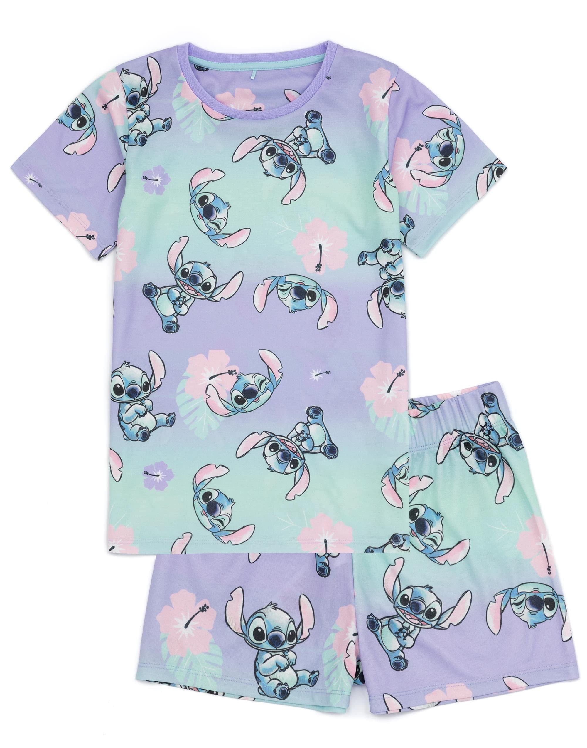 Disney Lilo And Stitch Girls 2 Pack Pyjamas Kids Just Chill Animated Alien T-Shirts Shorts Set Sleepwear