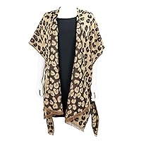 Womens Leopard Print Open Front Knit Shawl Wrap Poncho Cardigan With Subtle Fringe