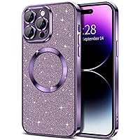 Hython for iPhone 14 Pro Max Case Glitter, Clear Magnetic Phone Cases with Camera Lens Protector [Compatible with MagSafe] Bling Sparkle Plating Soft TPU Slim Shockproof Protective Cover Women-Purple