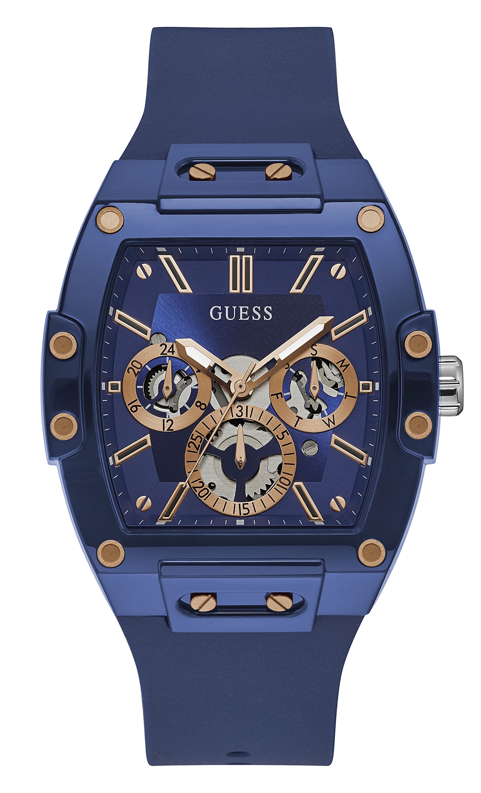 GUESS US Men's Rose Gold-Tone and Blue Silicone Multifunction Watch, one