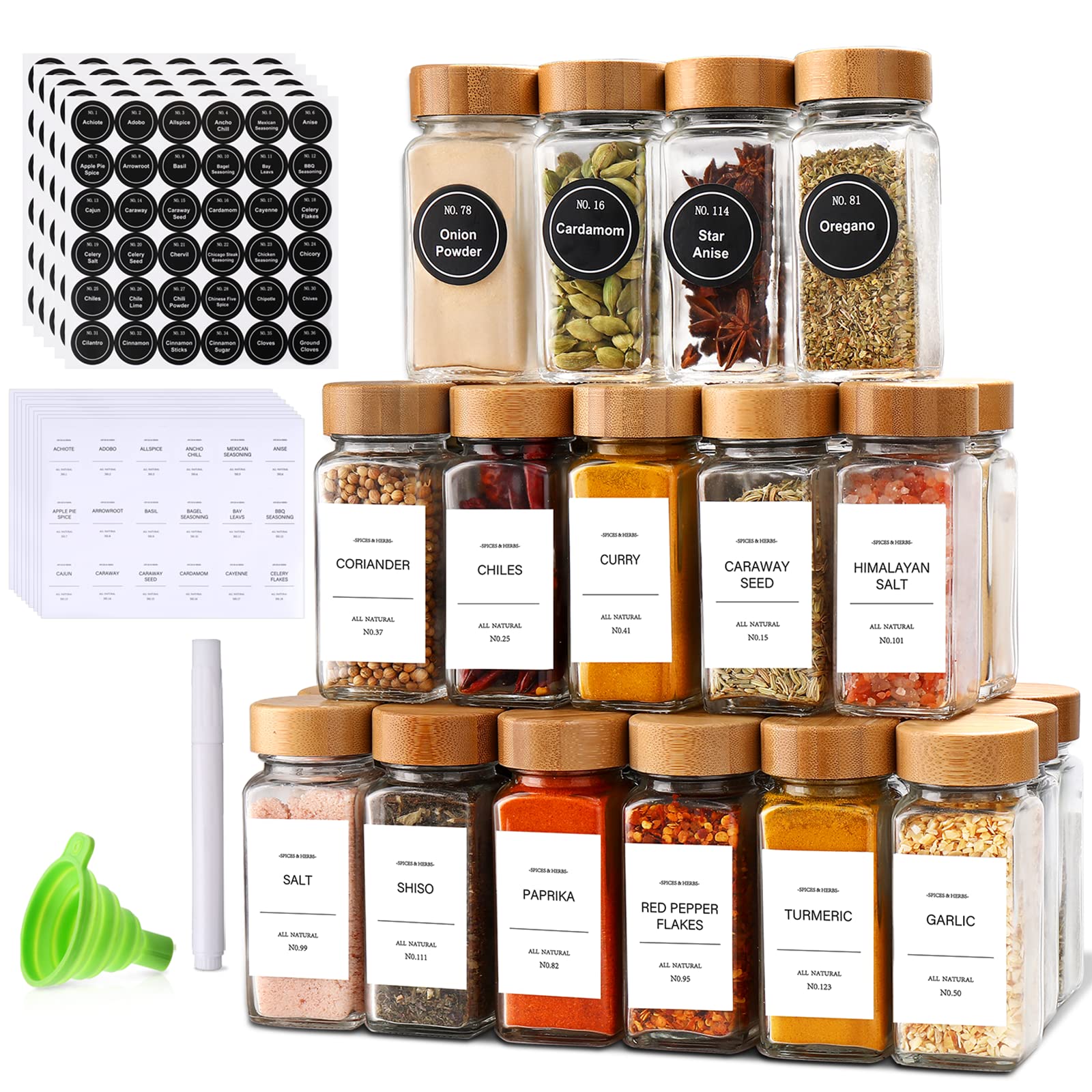 DIMBRAH Spice Jars with Label-4oz 24Pcs, Glass Spice Jars with Bamboo Lids,Spices Container Set with White Printed Spice Labels,Kitchen Empty Spice Jars with Shaker Lids