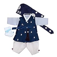 100 Day Birth Korea Baby Boy Hanbok Traditional Dress Outfits Celebration Party Navy with silver Print Set