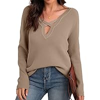 IWOLLENCE Fall Sweaters for Women 2022 Criss Cross V Neck Pullover Long Sleeve Loose Knitted Tops