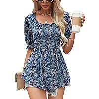 Women's Casual Puff Sleeve Tunic Tops Square Neck T-Shirt Floral Print Lace Blouse Peplum Shirt