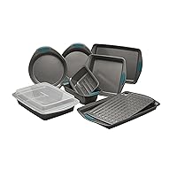 Rachael Ray Nonstick Bakeware Set with Grips includes Nonstick Bread / Baking Pans, Cookie / Baking Sheet and Cake Pans - 10 Piece, Gray with marine blue grips