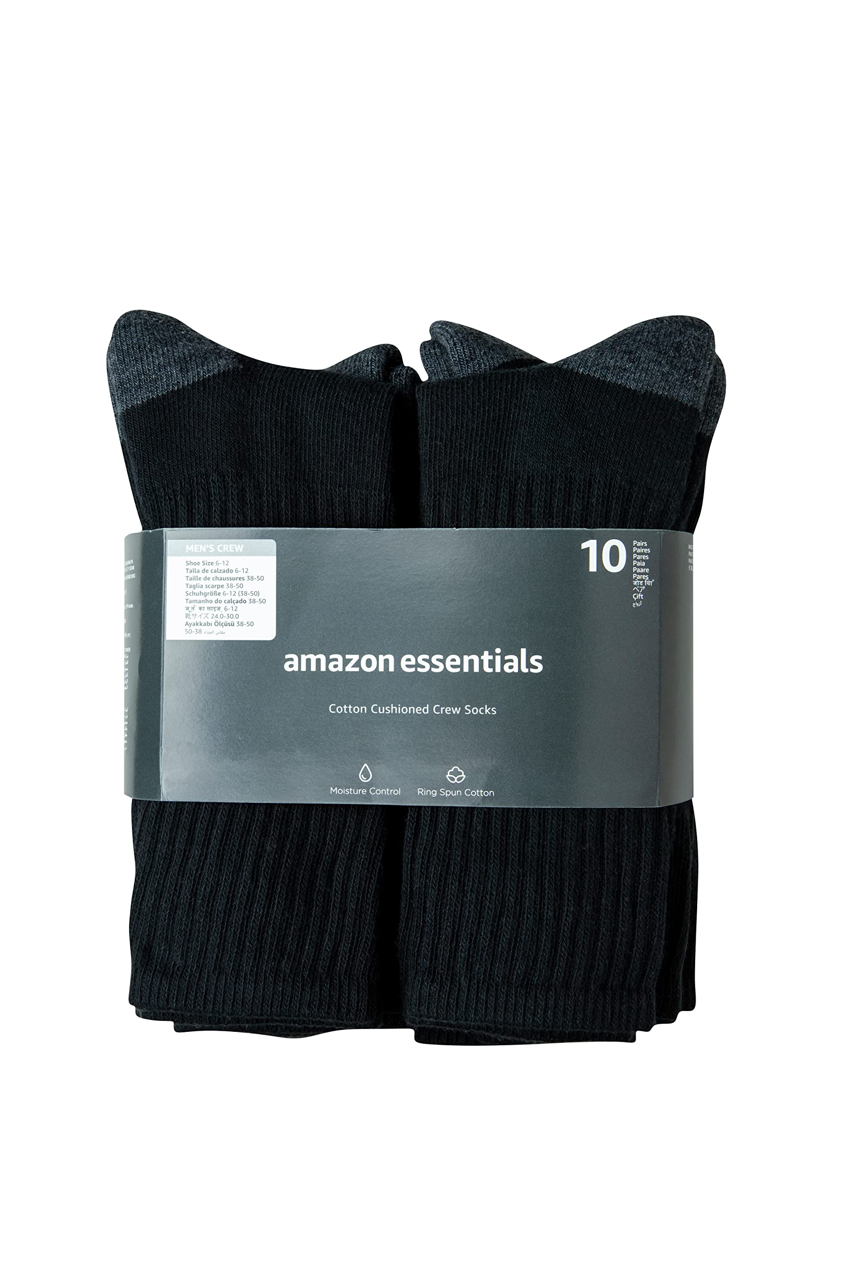 Amazon Essentials Men's Cotton Half Cushioned Crew Socks, 10 Pairs