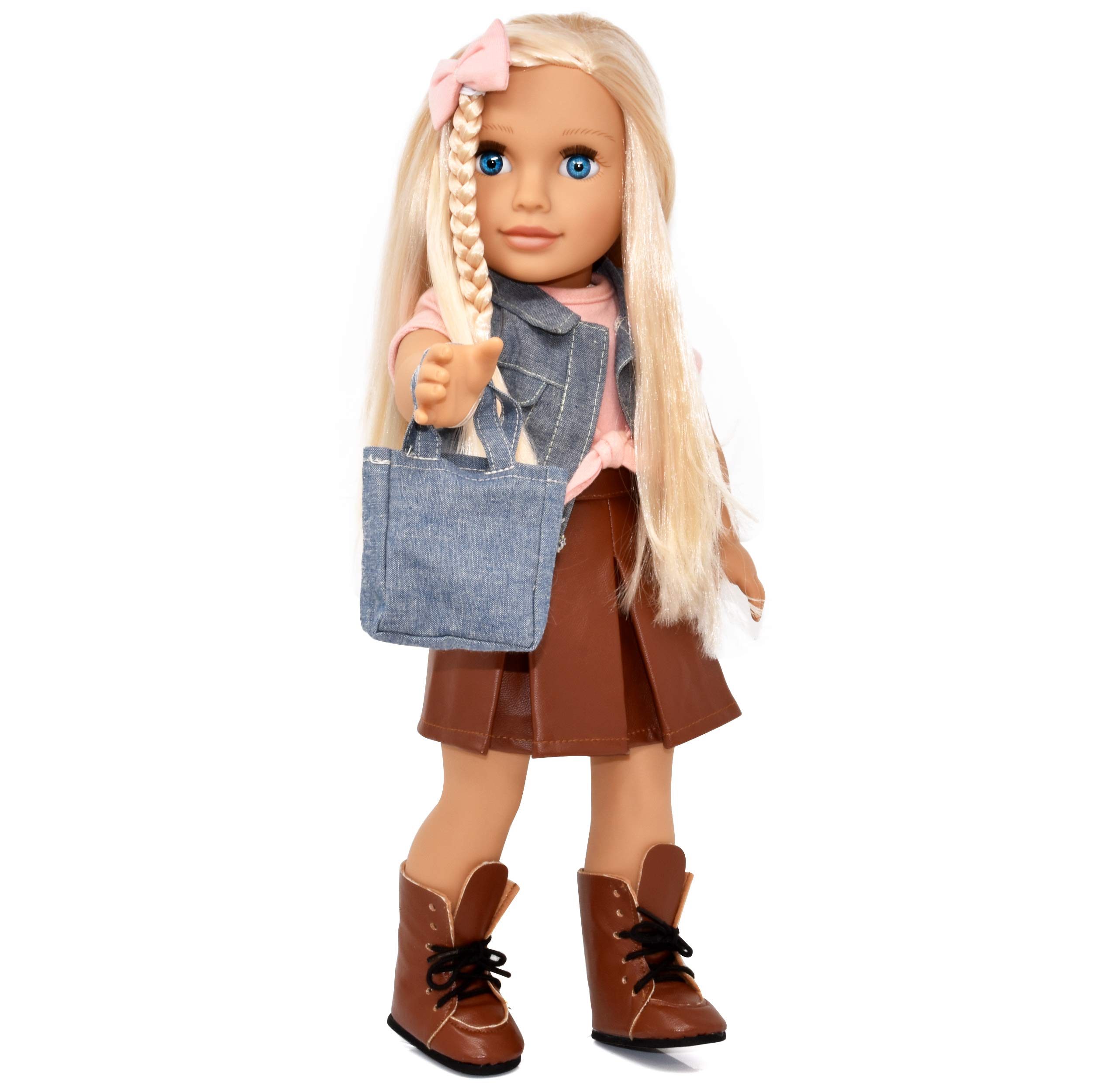 18 Inch Girl Doll, Fashion Doll with Fine Blonde Long Hair for Styling, Blue Eyes, Leather Skirt and Boots, Denim Jacket Hair Bow Handbag, Doll Clothes and Accessories Princess Doll for Girls and Kids