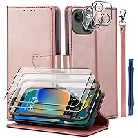 [8 in 1] for iPhone 14 Plus Case Wallet PU Leather with 3 Card Holder Stand Accessories Women Men Magnetic Protective Flip Cover 2 Pack Screen Protector 2 Pack Camera Lens Protector-Rose
