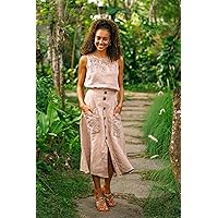 NOVICA Hand Embroidered Linen Skirt Kneelength Clothing Beige Indonesia Floral 'Juicy Fruit in Natural'