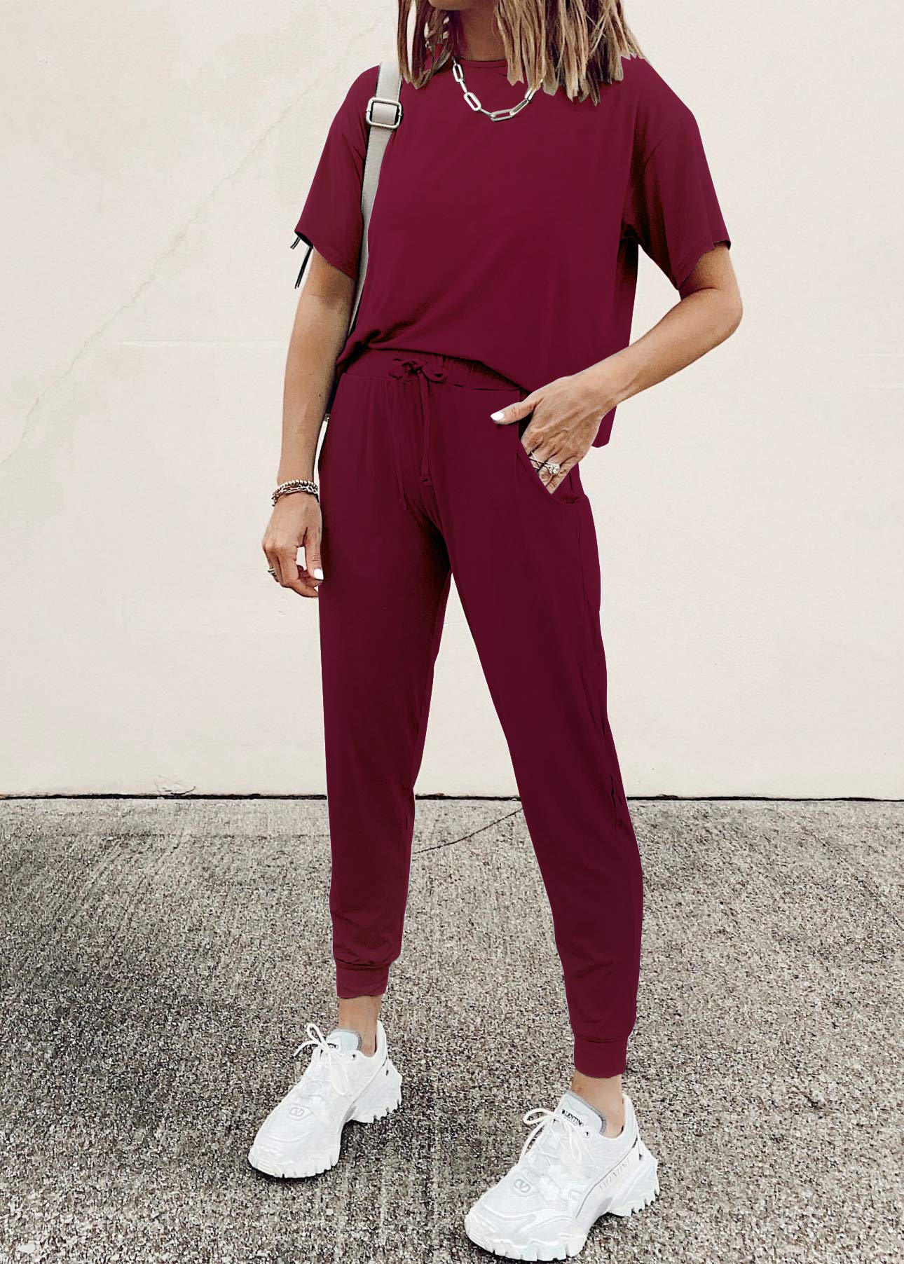PRETTYGARDEN Women's Two Piece Outfit Short Sleeve Pullover with Drawstring Long Pants Tracksuit Jogger Set