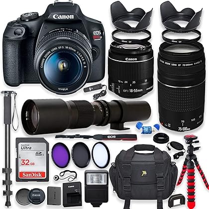 Canon EOS Rebel T7 DSLR Camera with 18-55mm is II Lens + Canon EF 75-300mm f/4-5.6 III Lens and 500mm Preset Lens + 32GB Memory + Filters + Monopod + Professional Bundle