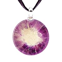 Hand Blown Glass Violet Flower Nectar Round Pendant Necklace, 18 inches