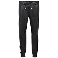 Smart Range Mens Real Leather Trouser Black with White Straps Soft Napa Jogging Bottom 4051