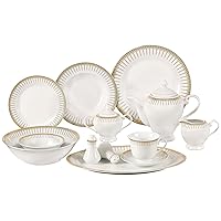 Lorren Home Trends 57-Piece Porcelain Dinnerware Set with Rain Drop Border, Service for 8, Gold