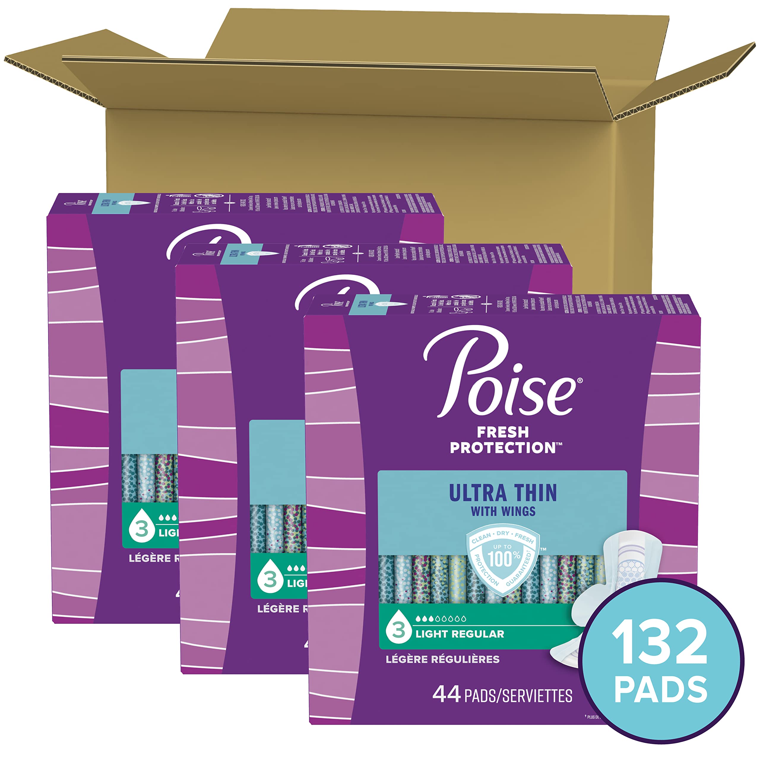 Poise Ultra Thin Incontinence Pads with Wings & Postpartum Incontinence Pads, 3 Drop Light Absorbency, Regular Length, 132 Count, Packaging May Vary