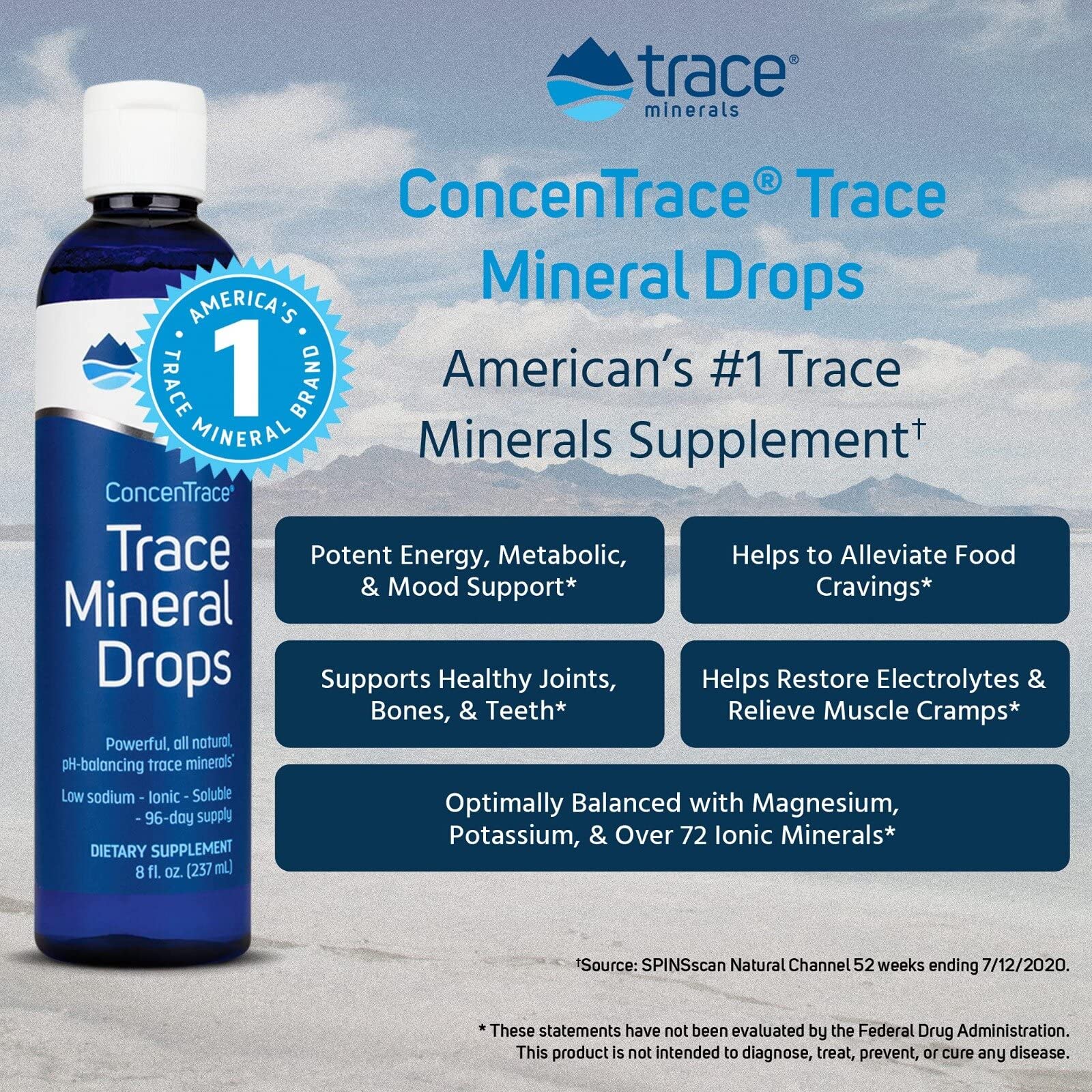 Trace Minerals ConcenTrace Drops | Full Spectrum Minerals | Ionic Liquid Magnesium, Chloride, Potassium | Low Sodium | Energy, Electrolytes, Hydration | 96 Day Supply, 8 fl oz (Pack of 1)