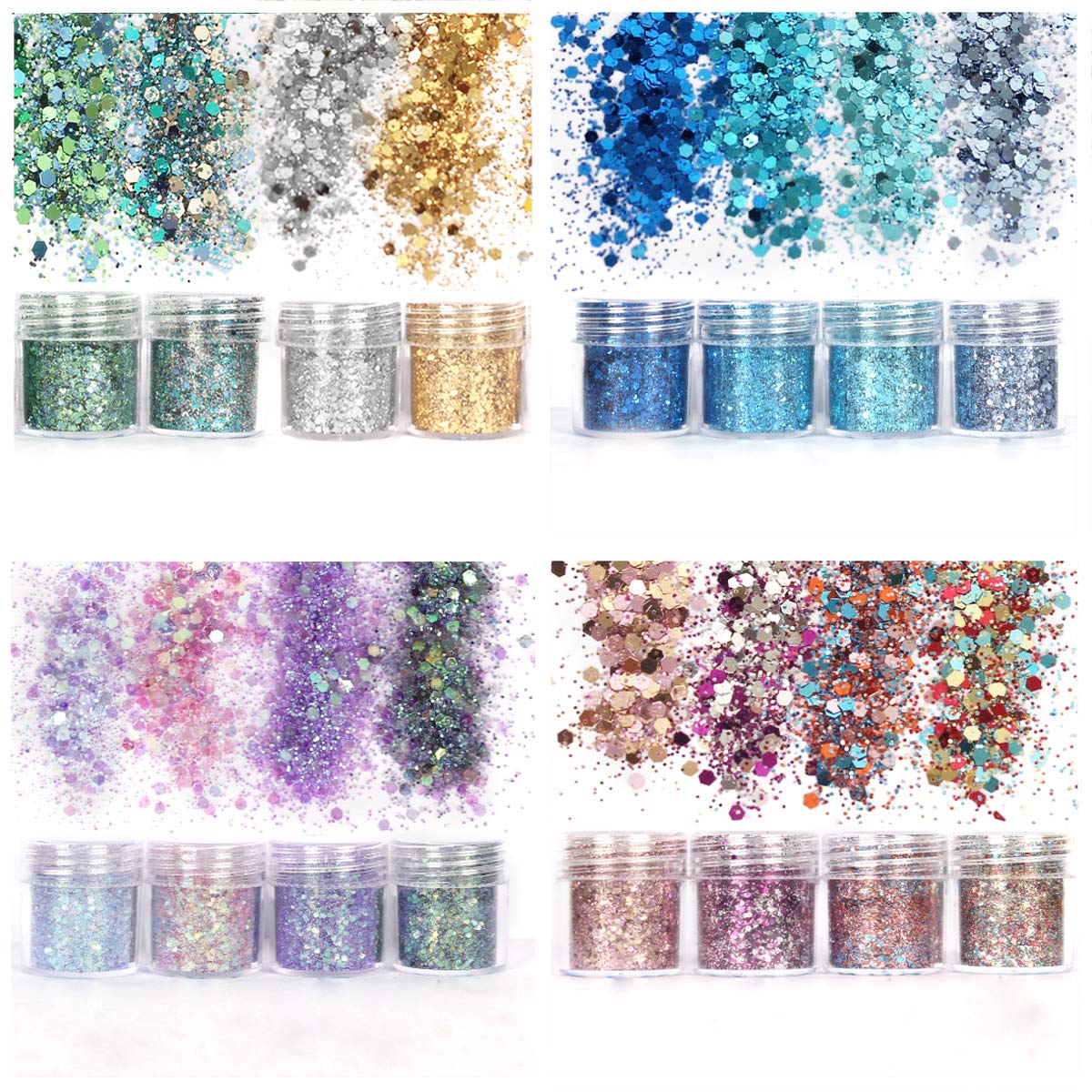 Unime Body Glitter 16 Colors Chunky Glitter for Body Face Hair Make Up Nail Art Mixed Color Glitter