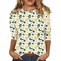St Patrick’S Day Shirt Women 3/4 Sleeve Round Neck Lucky Irish Tops Fashion Clover Printed Plus Sized Blouse