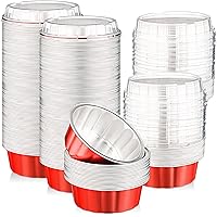 100 Pack Disposable Ramekins with Lids 8 oz Creme Brulee Ramekin Aluminum Foil Cup Cupcake Liner for Baking Disposable Muffin Tin Pan Cheesecake Container for Catering Wedding Party (Red, Silver)