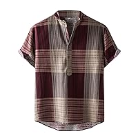 Hawaiian Bowling Shirts for Men Casual Short Sleeve Color Block Tops Cotton Linen Button Down Relaxed Fit Shirts