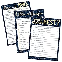 DISTINCTIVS Birthday Party Games - Born in The 1990s Navy Blue and Gold Birthday Game Bundle - 25th or 30th Birthday - Set of 3 Games for 20 Guests