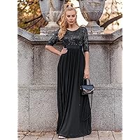 Fall Dresses for Women 2022 Sequin Bodice Chiffon Prom Dress (Color : Black, Size : X-Large)
