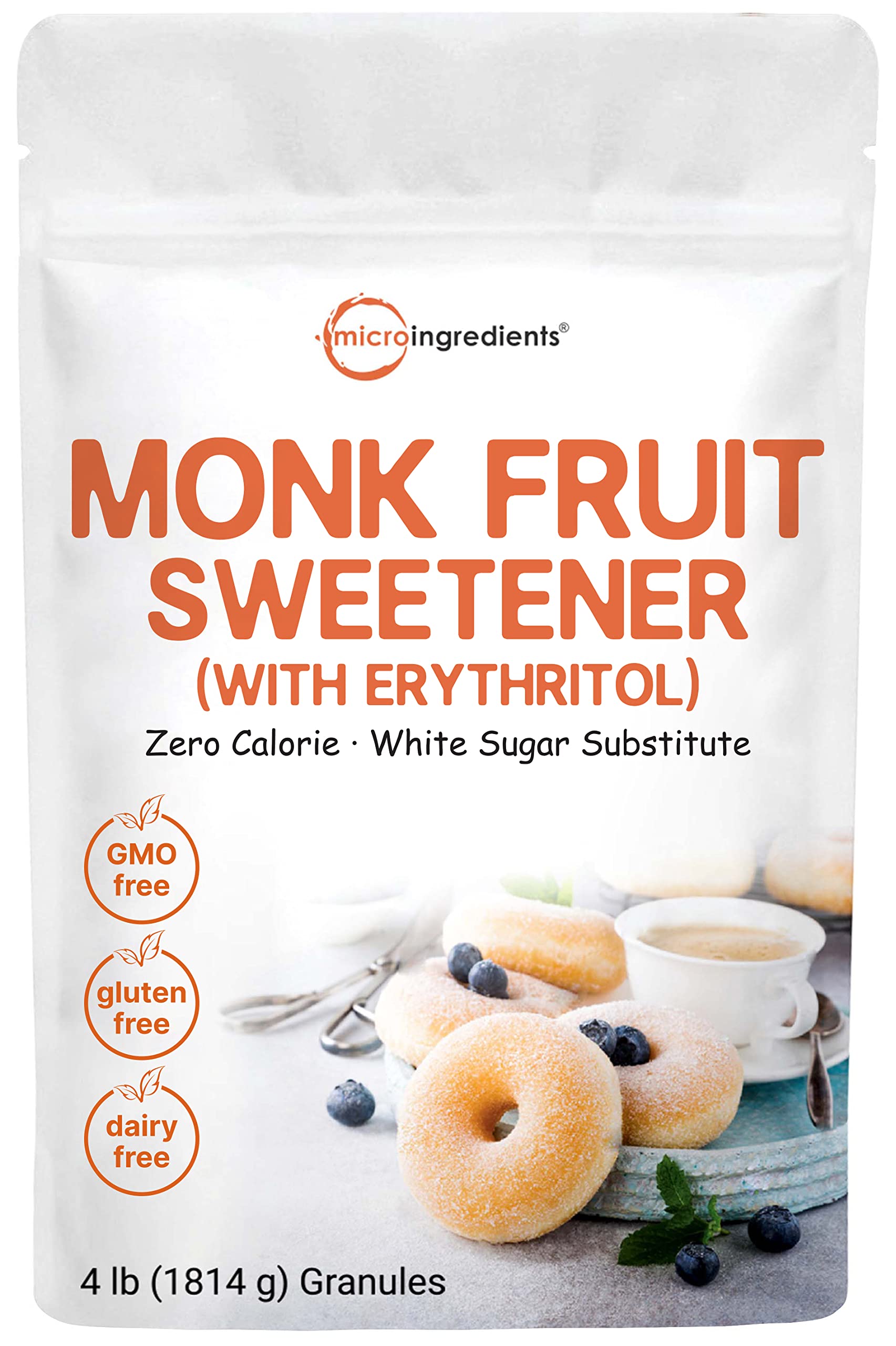 Monk Fruit Sweetener with Erythritol Granules, 4 Pounds, No After Taste, 1:1 White Sugar Substitute, Keto Diet Friendly, Zero Calorie, Natural Swee...