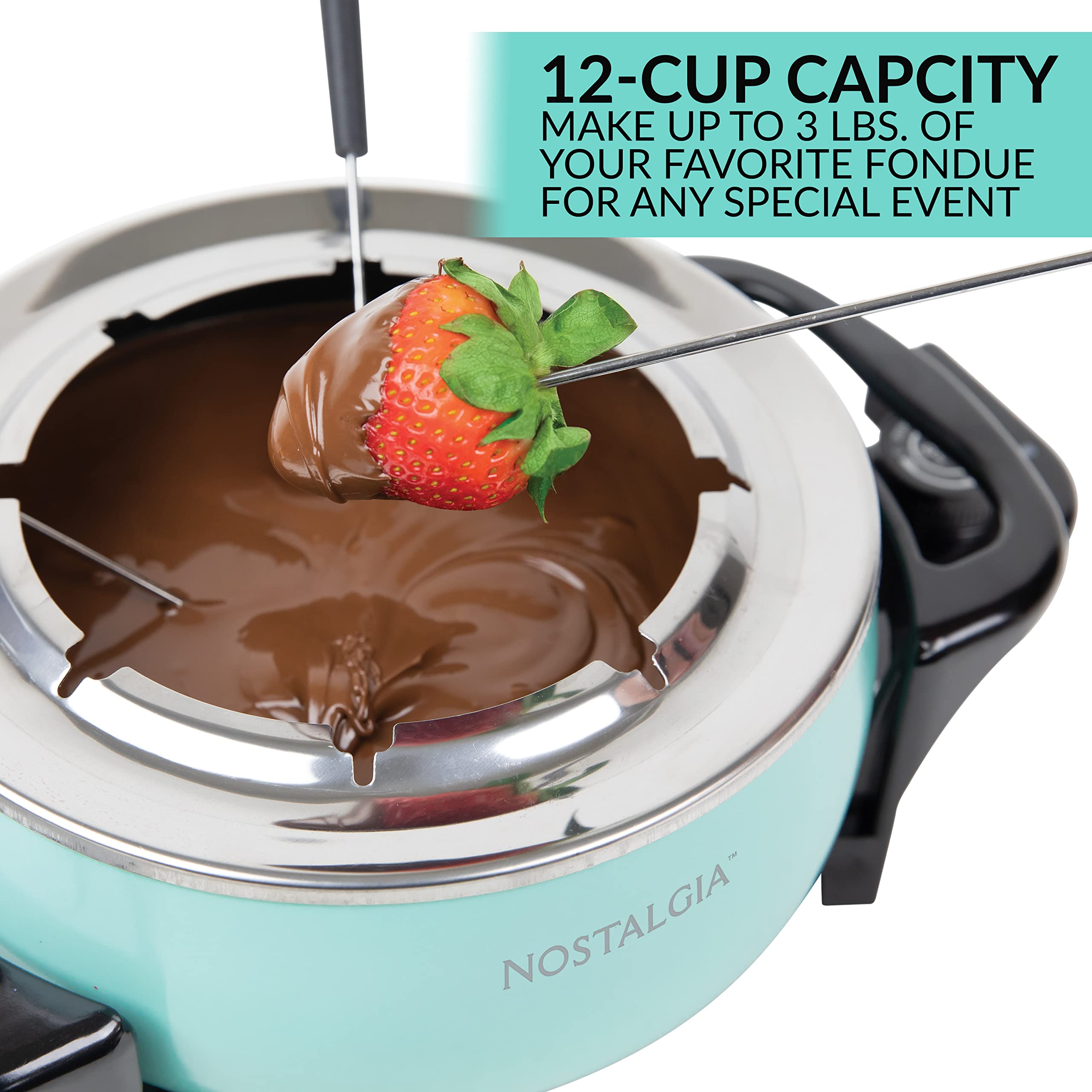 Nostalgia 12-Cup Electric Fondue Pot Set for Cheese & Chocolate - 8 Color-Coded Forks, Adjustable Temperature Control - Stylish Serving for Hors d'Oeuvres, Entrees, and Desserts - Aqua