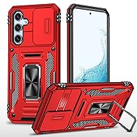 Rugged Protective Case for Galaxy S24 Plus Case with Slide Camera Cover, with Ring Holder Stand, fit Magnetic Car Mount, for Galaxy 24+ Red