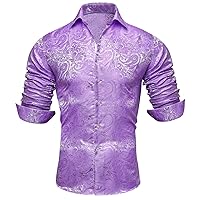 Fashion Men Silk Shirts Casual Dress Long Sleeve Suit Shirt Woven Floral Formal Button Down for Male