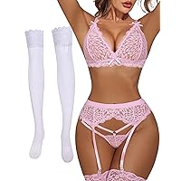 Womens Sexy Lingeries Set Floral Lace Bra and Panty with Garter Belt and Stockings Exotic Garter Set