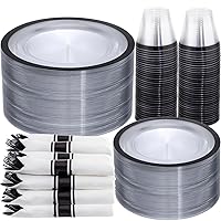 350 Pcs Clear and Black Plastic Plates, Black Dinnerware Set, Include 50 Dinner Plates 10.25’’, 50 Dessert Plates 7.5’’, 50 Black Rim Cups 9 OZ, 50 Per Rolled Napkins with Plastic Cutlery