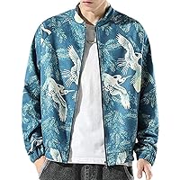 Men Hipster Stand Collar Chinese Style Printed Zip Up Bomber Jacket