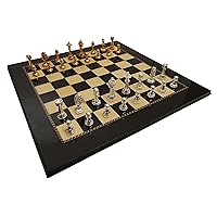 Bello Collezioni - Via Marzio Solid Brass Luxury Staunton Chessmen Drenched in 24-Karat Gold/Silver Plate & Via Angelo Poliziano Luxury Chess Board from Italy & 2 Extra Queens
