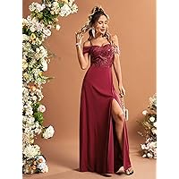 Contrast Sequin Cold Shoulder Split Thigh Bridesmaid Dress (Color : Burgundy, Size : Medium)