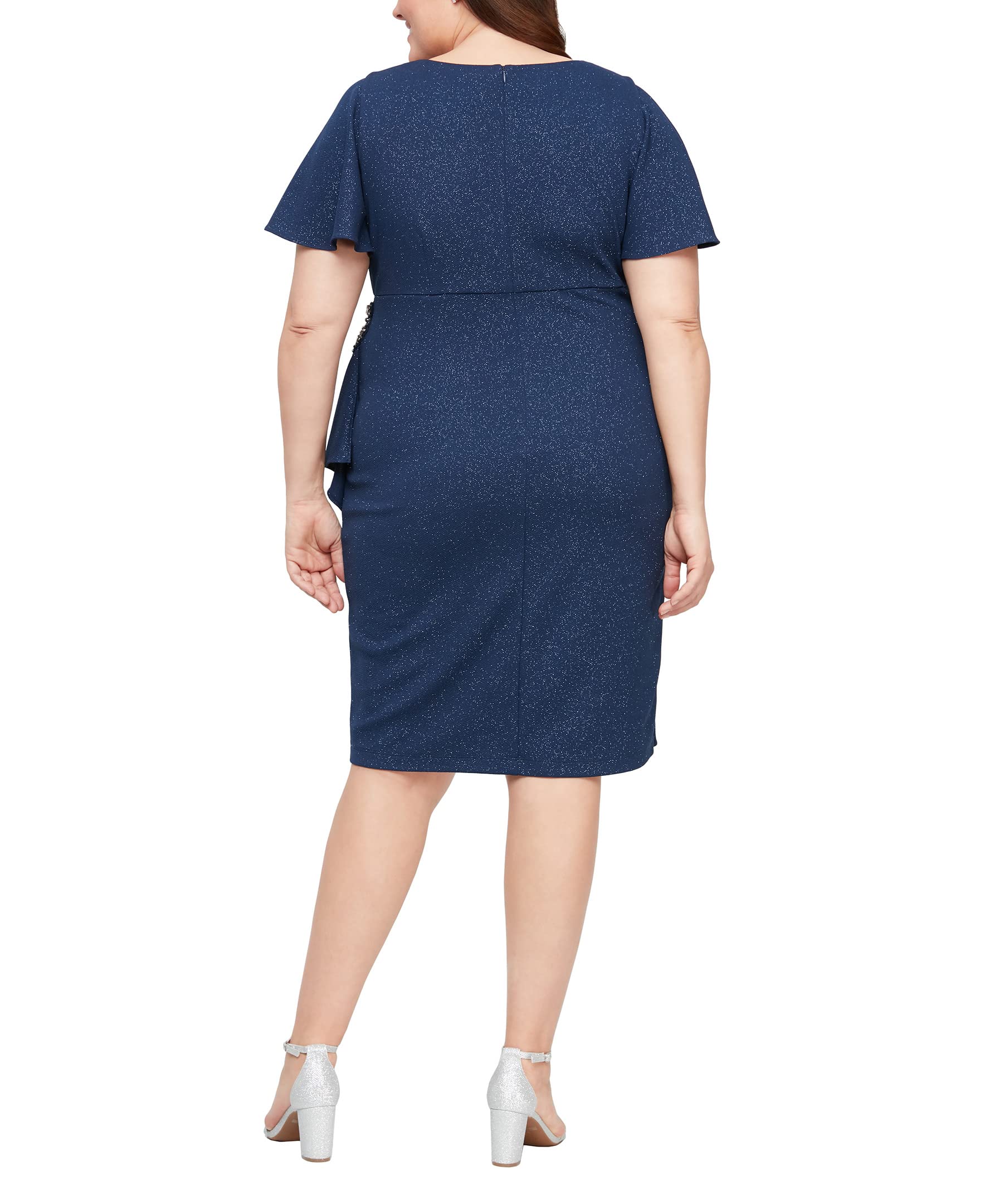 S.L. Fashions Women's Plus Size Metallic Knit Sheath Dress with Flutter Sleeves