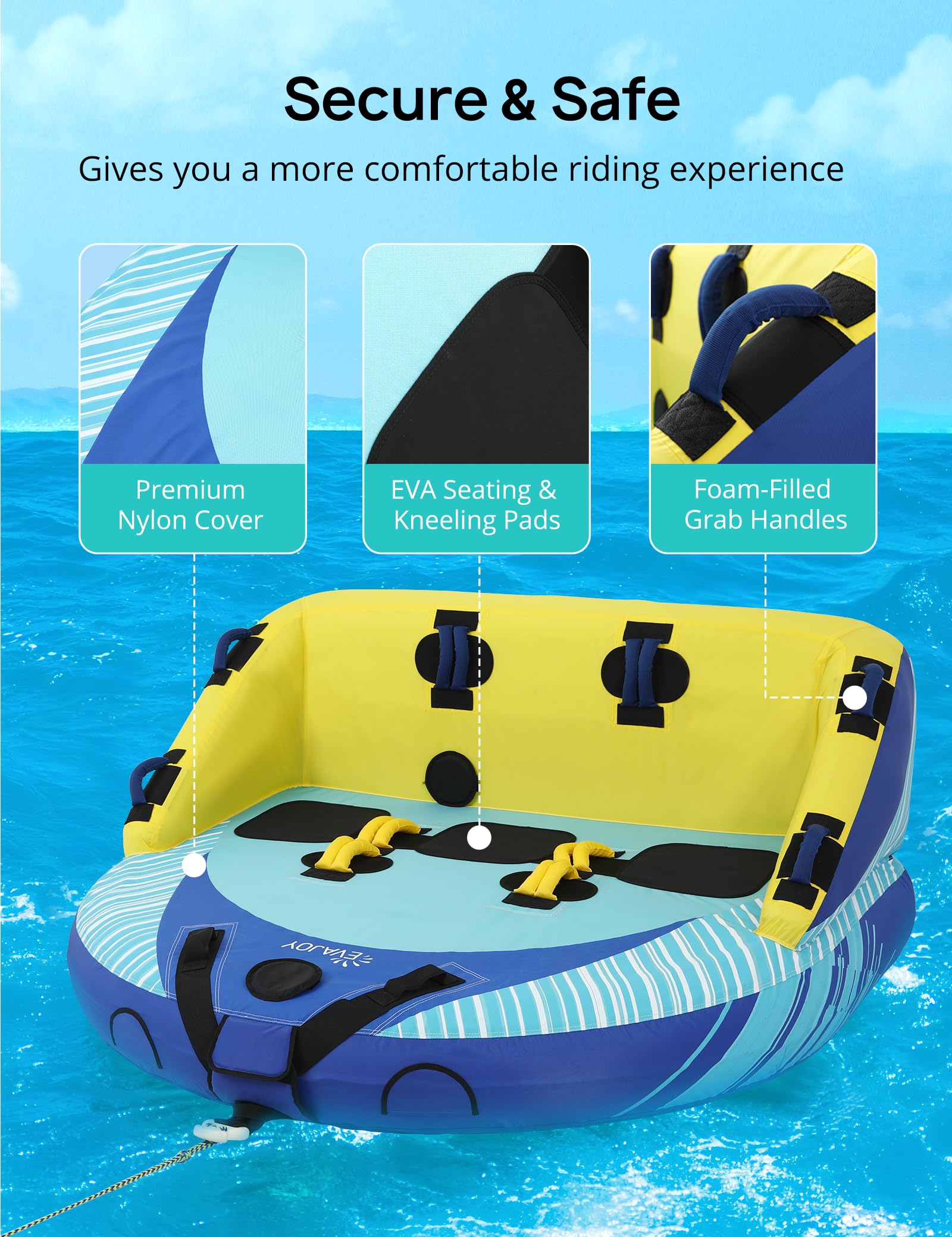 EVAJOY 3 Person Towable Tube for Boating, Inflatable Towable Tubes for Boats 1-3 Rider, Water Sports Tube with Dual Front and Back Tow Points, Inflatable Boat with Nylon Tow Rope and Air Pump