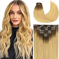 Loxxy Blonde Extensions Clip in Human Hair Ultra Seamless Hair Extensions Clip in Ombre Rooted Dark Brown to Dark Ash Blonde Highlight 100% Real Remy Hair Clip in Extension Invisible 110G 7PCS 14Inch