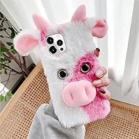 Compatible with iPhone 15 Pro Max Case 3D Cute Plush Furry Fuzzy for Women Fuzzy Fluffy Cartoon Cow Fur Hair Protection Fashion Shockproof Cover for Women Girls Pink