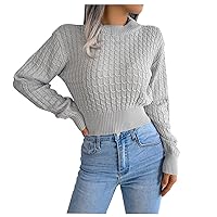 Women's Cable Cropped Sweater Lightweight Long Sleeve Mock Neck Pullover Knit Lantern Sleeve Ribbed Knit Jumper Tops