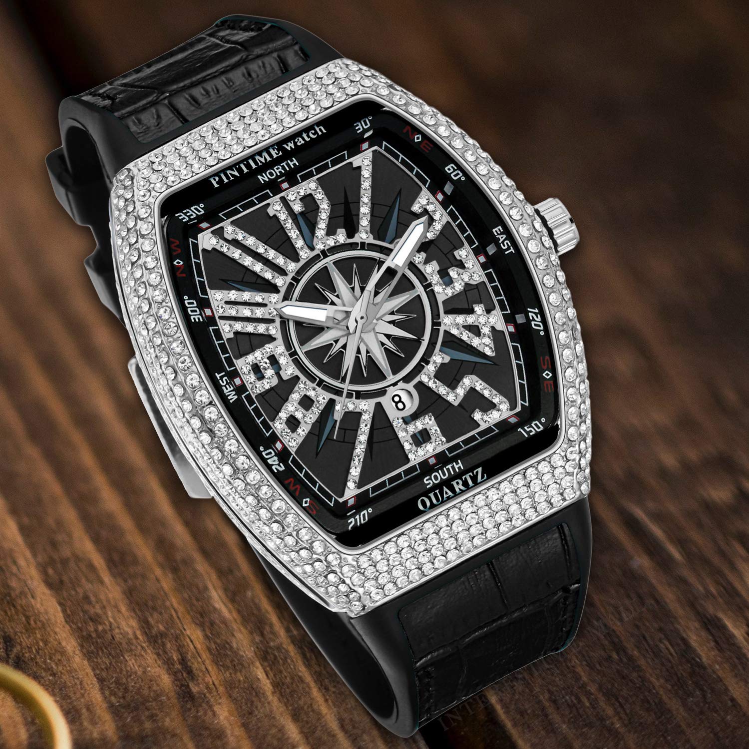 PINTIME Luxury Men's Crystal Diamond Watch Tonneau Fashion Bling Iced Out Waterproof Quartz Analog Watch for Men Leather Strap Hip Hop Rapper